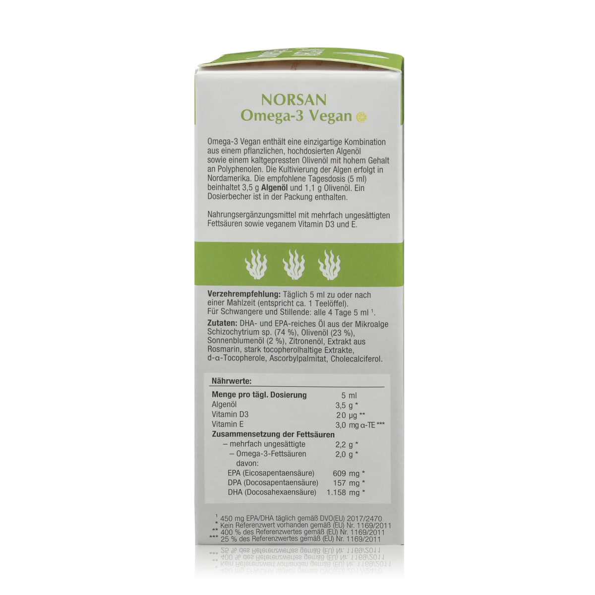 Norsan Omega-3 Algenöl Vegan - 100 ml - Seitenansicht mit Nährwertangaben