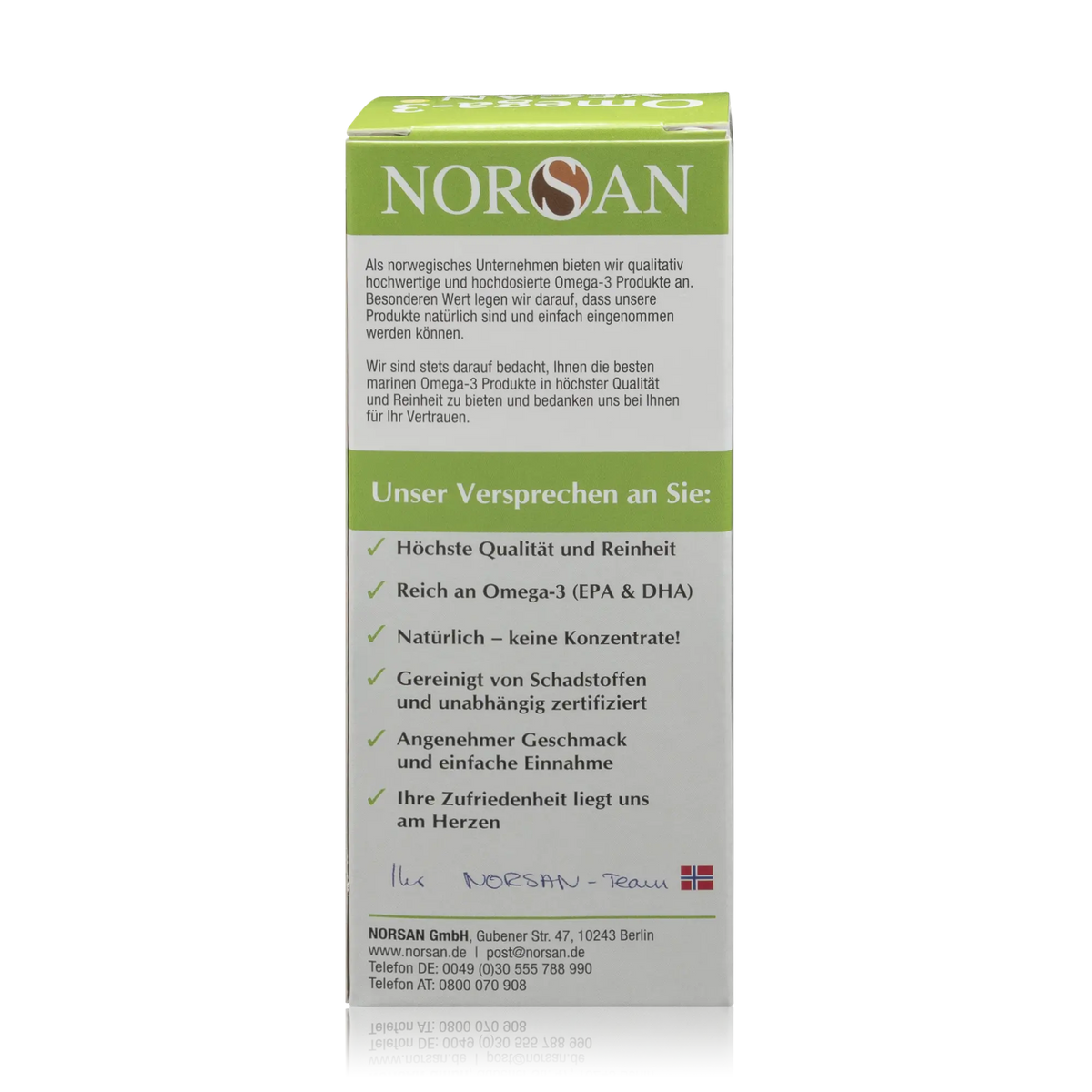 Norsan Omega-3 Algenöl Vegan - 100 ml - Seitenansicht mit Versprechen