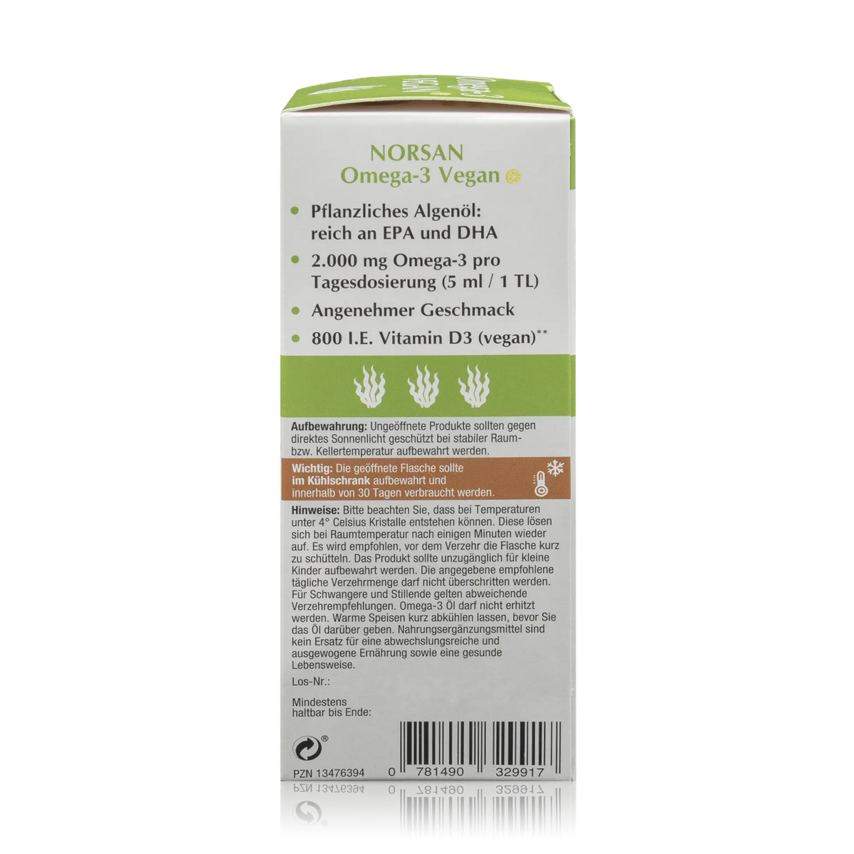 Norsan Omega-3 Algenöl Vegan - 100 ml - Seitenansicht mit Barcode