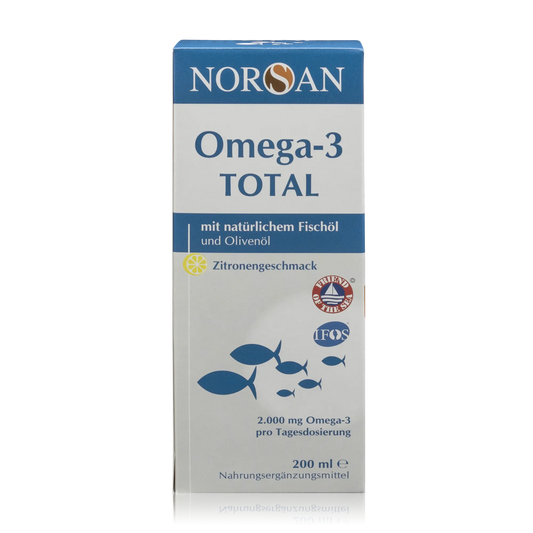 Norsan Omega 3 Total - Natürliches Fischöl und Olivenöl mit Zitronengeschmack - 200 ml - Vorderansicht