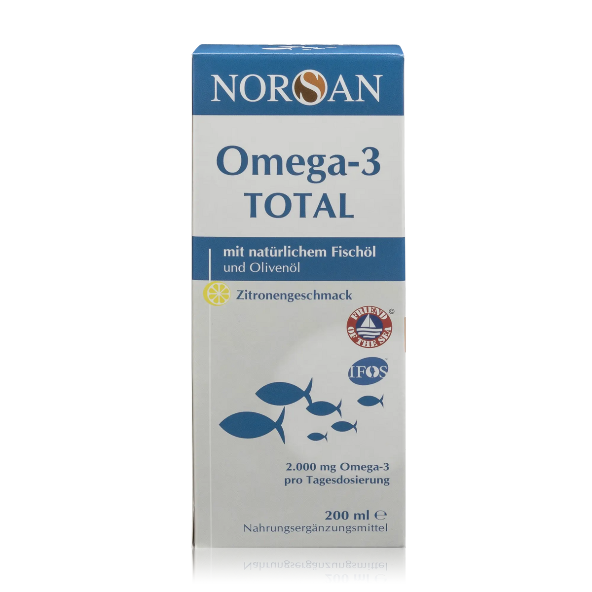 Norsan Omega 3 Total - Natürliches Fischöl und Olivenöl mit Zitronengeschmack - 200 ml - Vorderansicht