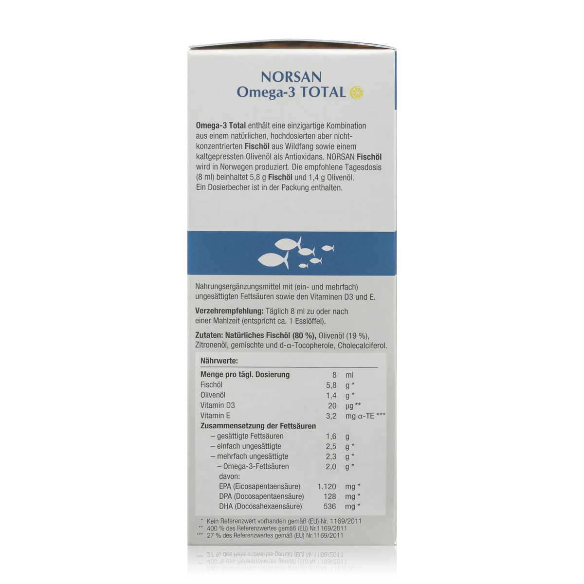 Norsan Omega 3 Total - Natürliches Fischöl und Olivenöl mit Zitronengeschmack - 200 ml - Seitenansicht mit Nährwertangaben