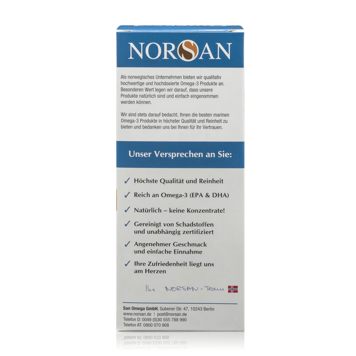 Norsan Omega 3 Total - Natürliches Fischöl und Olivenöl mit Zitronengeschmack - 200 ml - Seitenansicht mit Versprechen