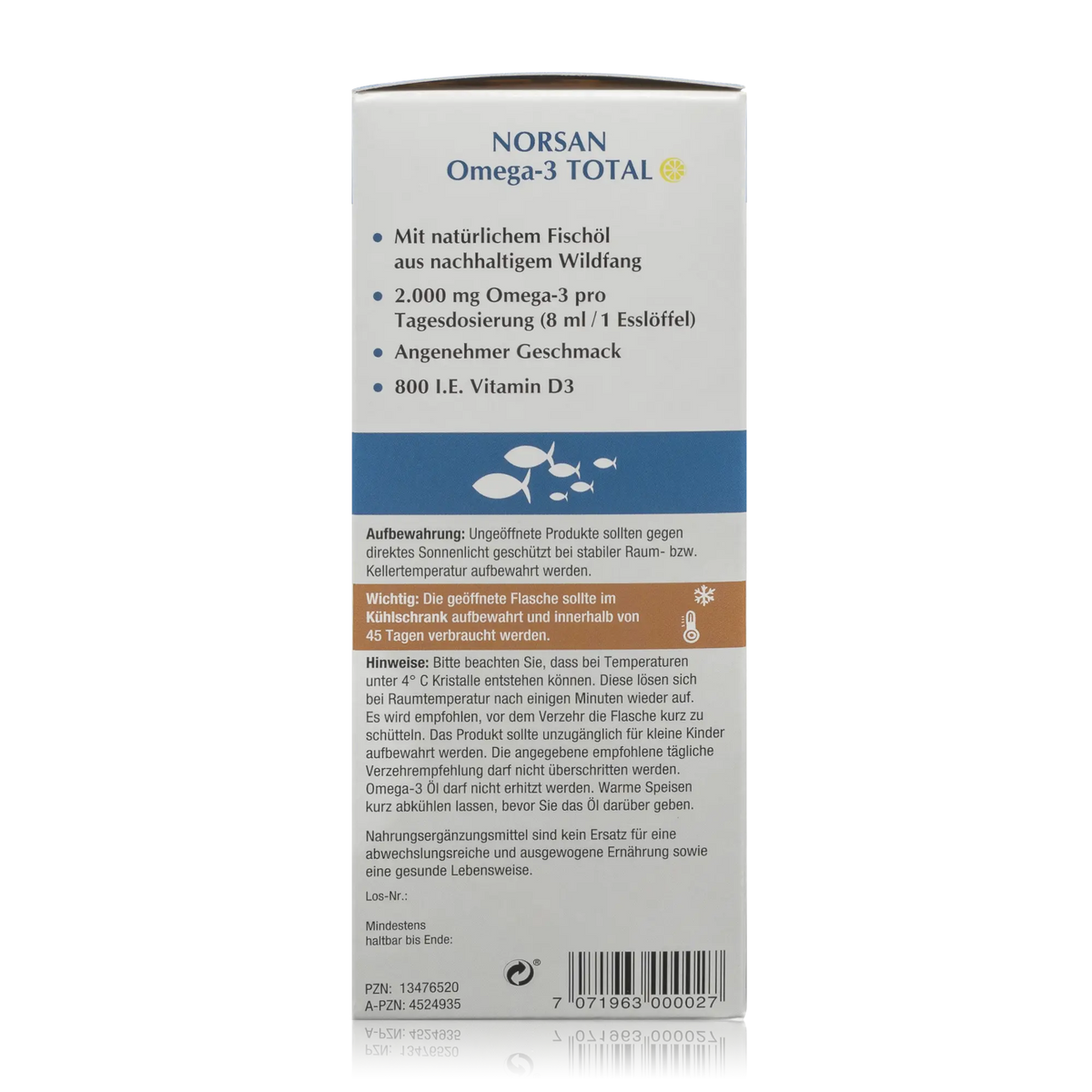 Norsan Omega 3 Total - Natürliches Fischöl und Olivenöl mit Zitronengeschmack - 200 ml - Seitenansicht mit Hinweisen und Barcode