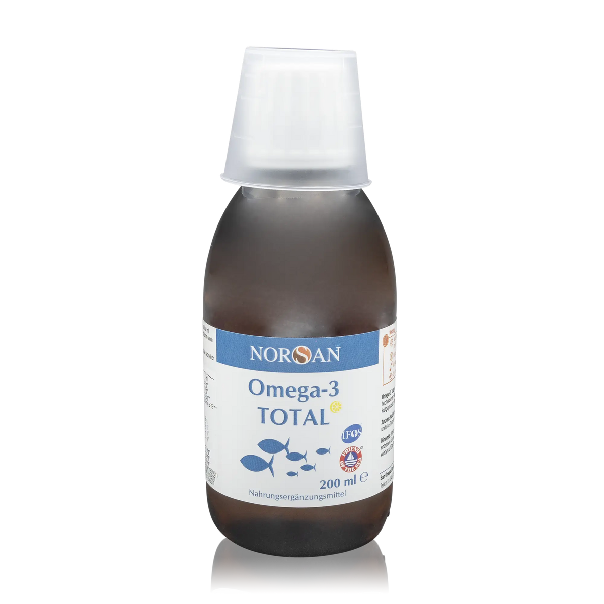 Norsan Omega 3 Total - Natürliches Fischöl und Olivenöl mit Zitronengeschmack - 200 ml - Vorderansicht Flasche