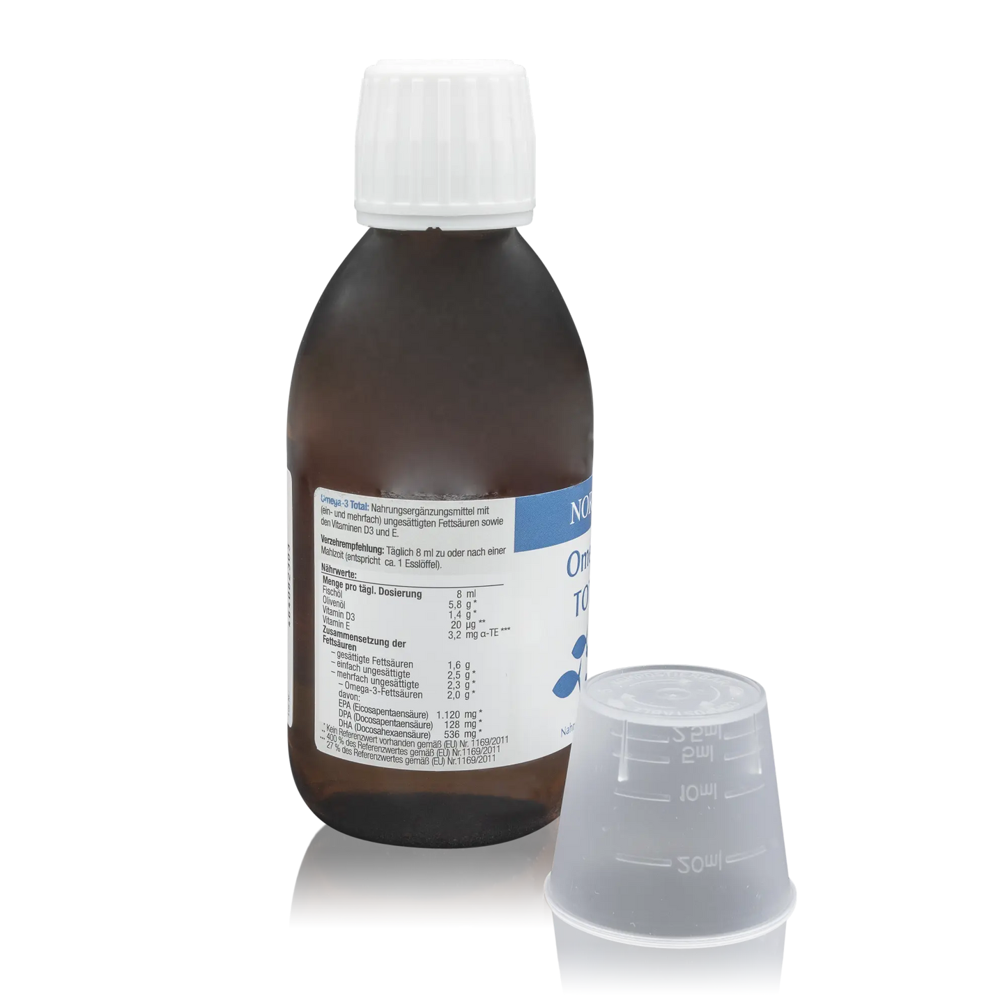 Norsan Omega 3 Total - Natürliches Fischöl und Olivenöl mit Zitronengeschmack - 200 ml - Seitenansicht Flasche mit Nährwertangaben und Messbecher