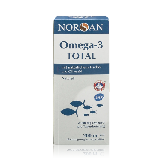 Norsan Omega 3 Total mit natürlichem Fischöl und Olivenöl - Natürlicher Geschmack - 200 ml - Vorderansicht