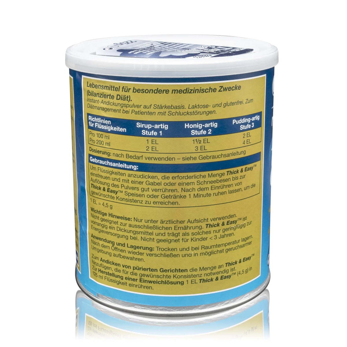 Thick & Easy Instant Andickungspulver - 225 g - Rückseitenansicht mit Nährwertangaben und Gebrauchsanleitung