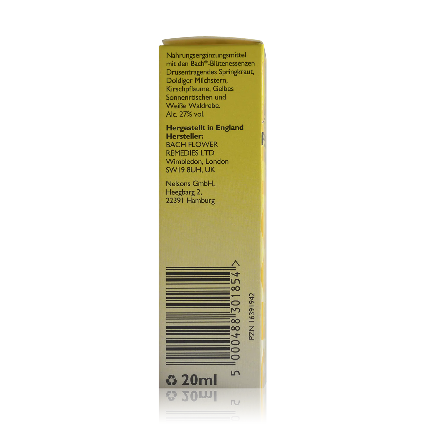 Bachblüten Original Rescura Tropfen mit Alkohol 20 ml - Seitenansicht mit Barcode