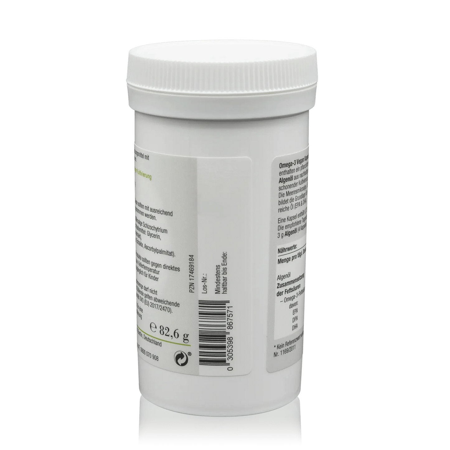 Norsan Algenöl Omega 3 - Vegane Kapseln ohne Fischöl - 80 Stück - Seitenansicht mit Barcode