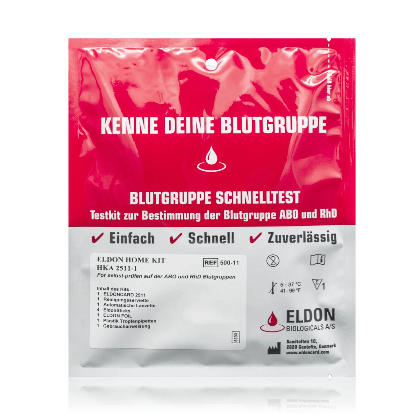 Blutgruppe Schnelltest Eldon HOME KIT HKA 2511 - Testkit zur Bestimmung der Blutgruppe AB0 und RhD (1 Kit) - ROTE.PLACE