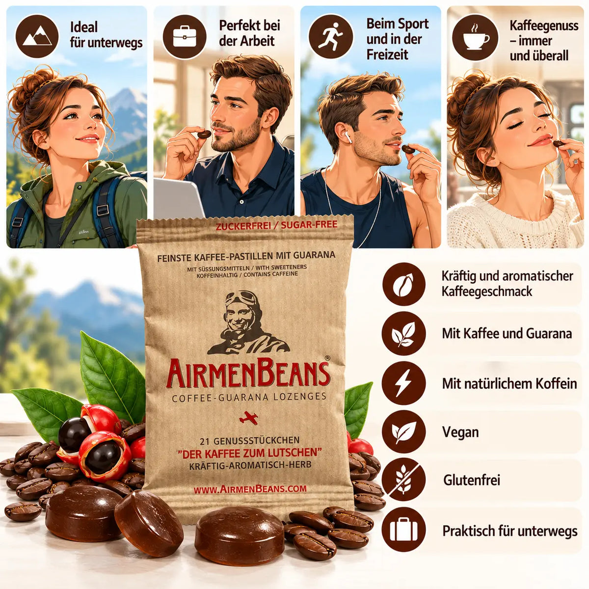 AirmenBeans feinste vegane Kaffee-Pastillen mit Guarana - 21 g - Illustration